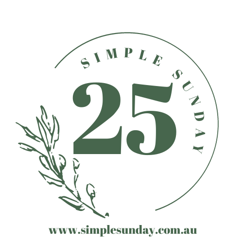the Simple Sunday logo, a half circle with the remainder of the circle a leaf, the words simple sunday around the inside of the semi circle and a large 25 in the middle. down the bottom is www.simplesunday.com.au in a bold type font - everything is in a forest green colour with a white background
