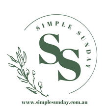 Load image into Gallery viewer, the Simple Sunday logo, a half circle with the remainder of the circle a leaf, the words simple sunday around the inside of the semi circle and a large S S in the middle. down the bottom is www.simplesunday.com.au in a bold type font - everything is in a forest green colour with a white background
