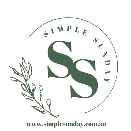 the Simple Sunday logo, a half circle with the remainder of the circle a leaf, the words simple sunday around the inside of the semi circle and a large S S in the middle. down the bottom is www.simplesunday.com.au in a bold type font - everything is in a forest green colour with a white background