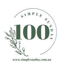 Load image into Gallery viewer, the Simple Sunday logo, a half circle with the remainder of the circle a leaf, the words simple sunday around the inside of the semi circle and a large 100 in the middle. down the bottom is www.simplesunday.com.au in a bold type font - everything is in a forest green colour with a white background
