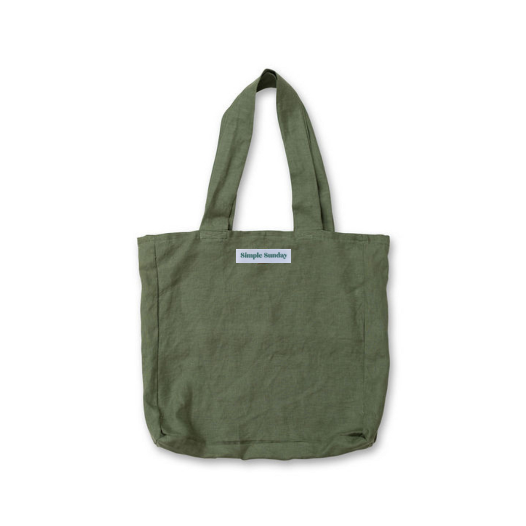 olive green 100% linen tote bag , Australian Made. on white background